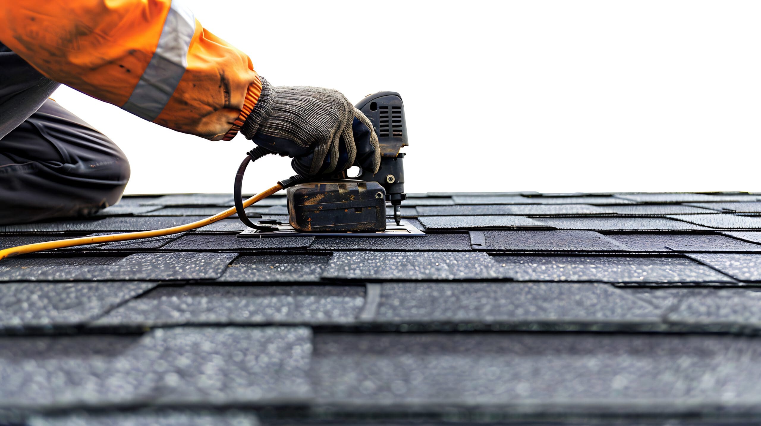 A person in an orange jacket and gloves uses a power tool to install asphalt shingles on a roof. The image focuses on the person's hand and the tool against the dark shingles, with a bright, overcast sky in the background.