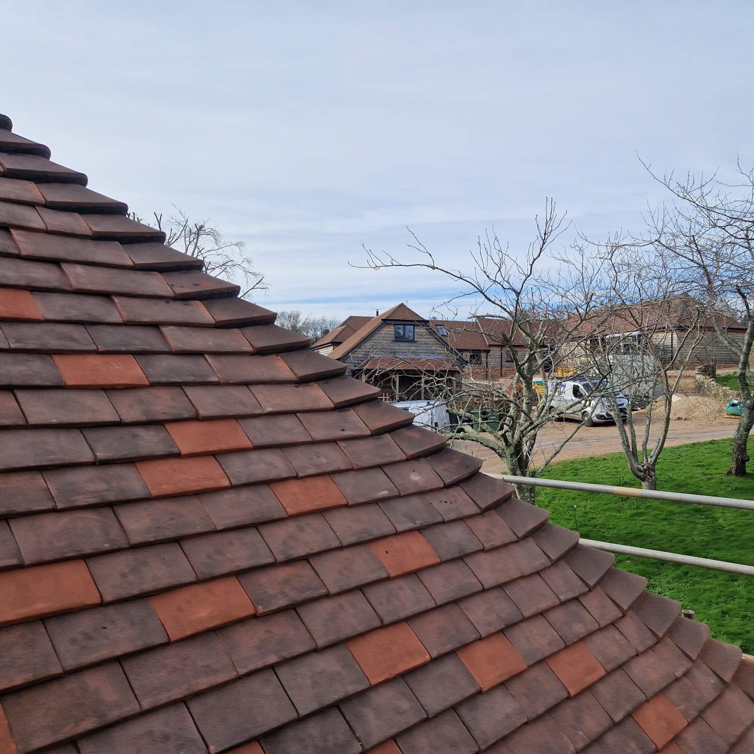 View from a rooftop with reddish-brown shingles. In the background, there are leafless trees and several houses, some under construction. The sky is overcast, and a grassy area can be seen below.