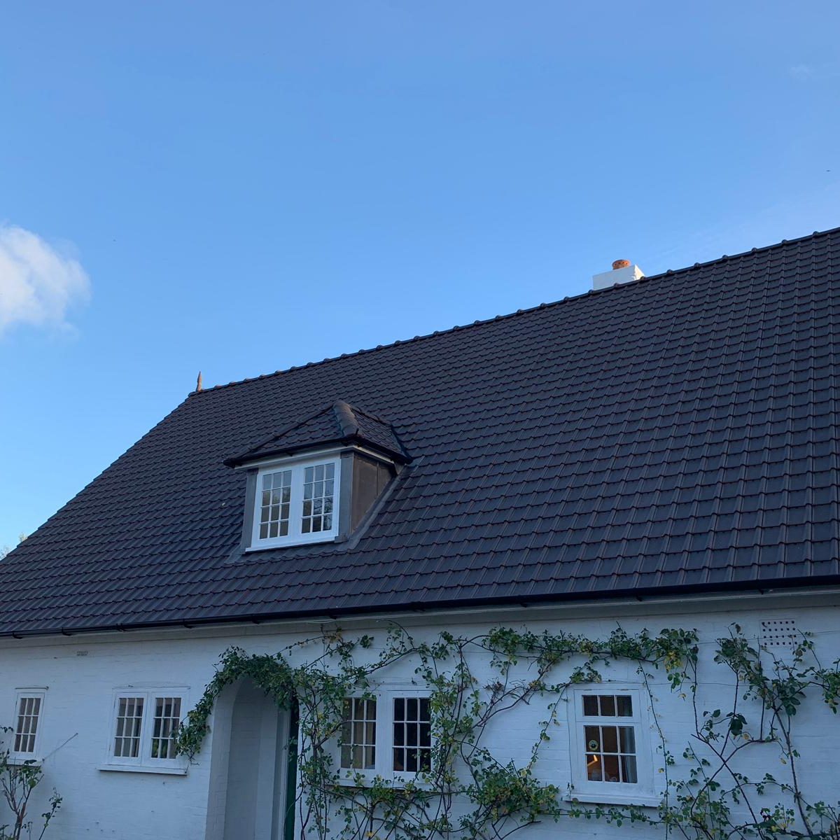 A small white brick house with a dark brown tiled roof and a dormer window. Ivy grows along the walls, and the sky is clear and blue.